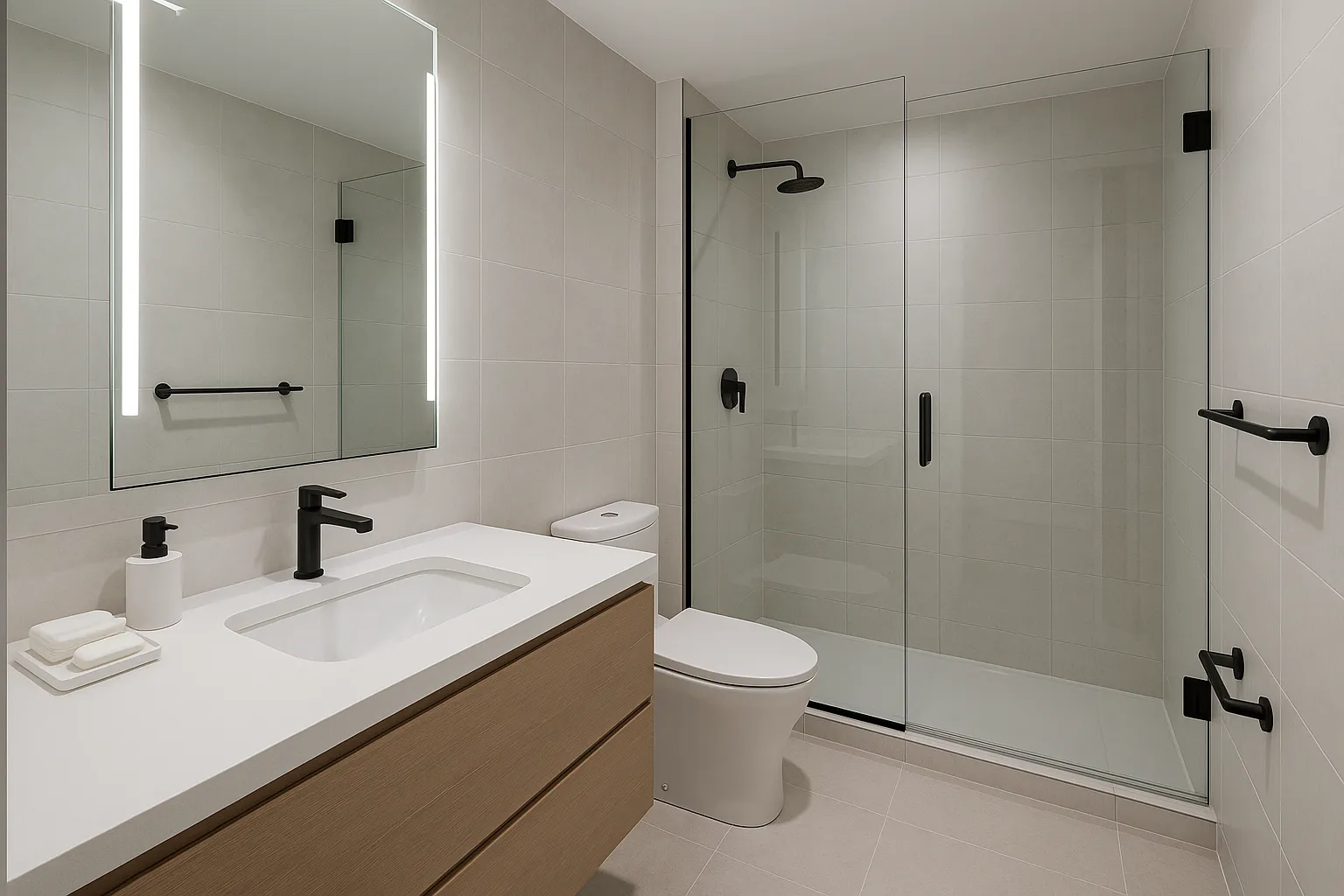 Modern renovated bathroom with light tiles, floating wooden vanity, glass shower, and LED mirror lighting