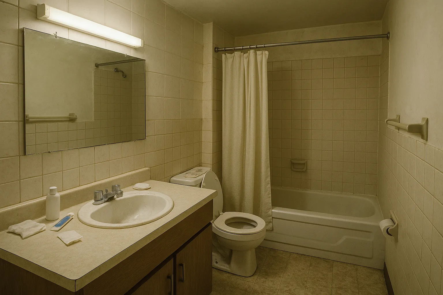 Outdated bathroom with beige tiles, old vanity, bathtub with curtain, and basic fixtures